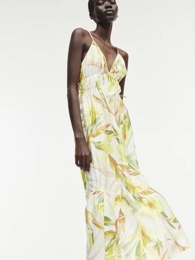 H&M Tropical Floral V-Neck Maxi Dress or Coverup in Yellow and Green
